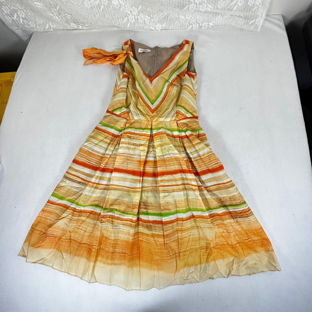 Kasper A-Line Dress Womens Size 4 Orange Striped Summer Brunch Sleeveless Bow - Picture 11 of 13
